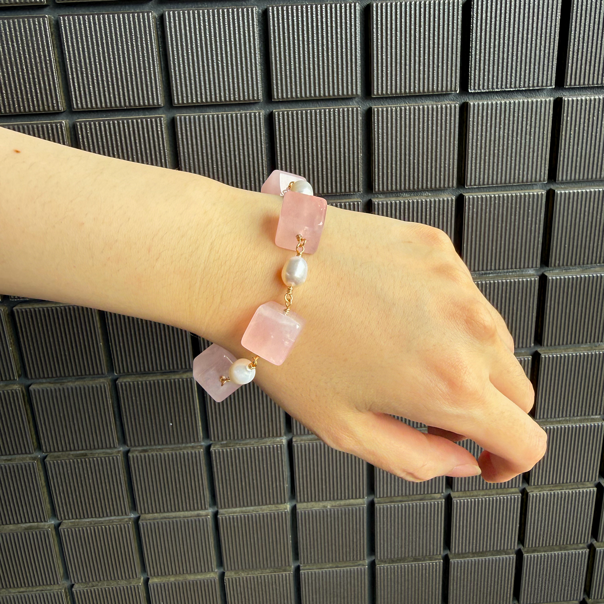Blush Block Bracelet | Rose Quartz & Freshwater Pearl Bracelet | Lumefia