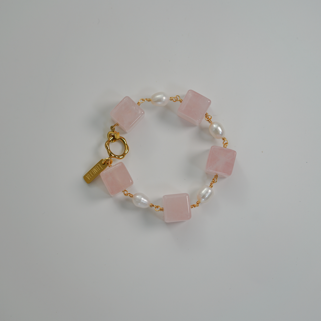 Blush Block Bracelet | Rose Quartz & Freshwater Pearl Bracelet | Lumefia