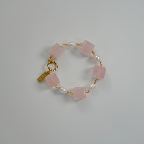 Blush Block Bracelet | Rose Quartz & Freshwater Pearl Bracelet | Lumefia