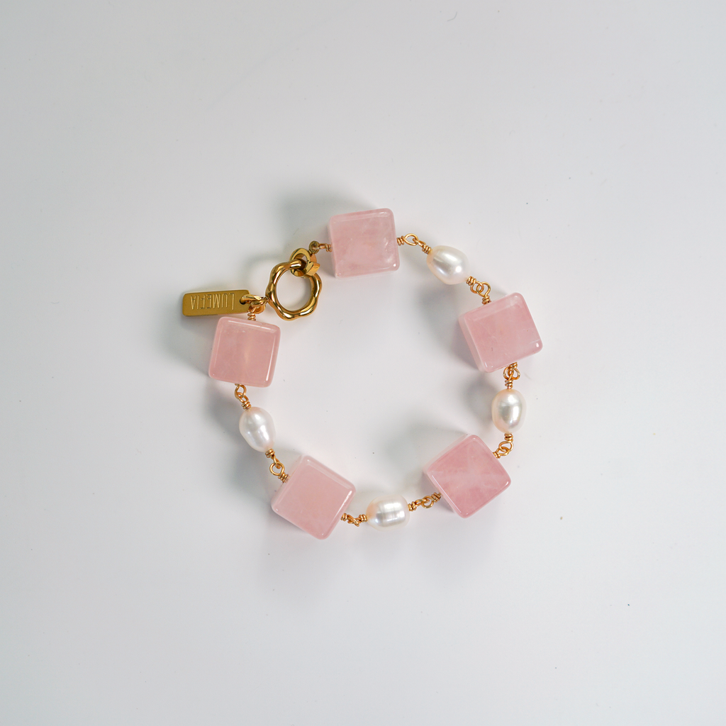 Blush Block Bracelet | Rose Quartz & Freshwater Pearl Bracelet | Lumefia