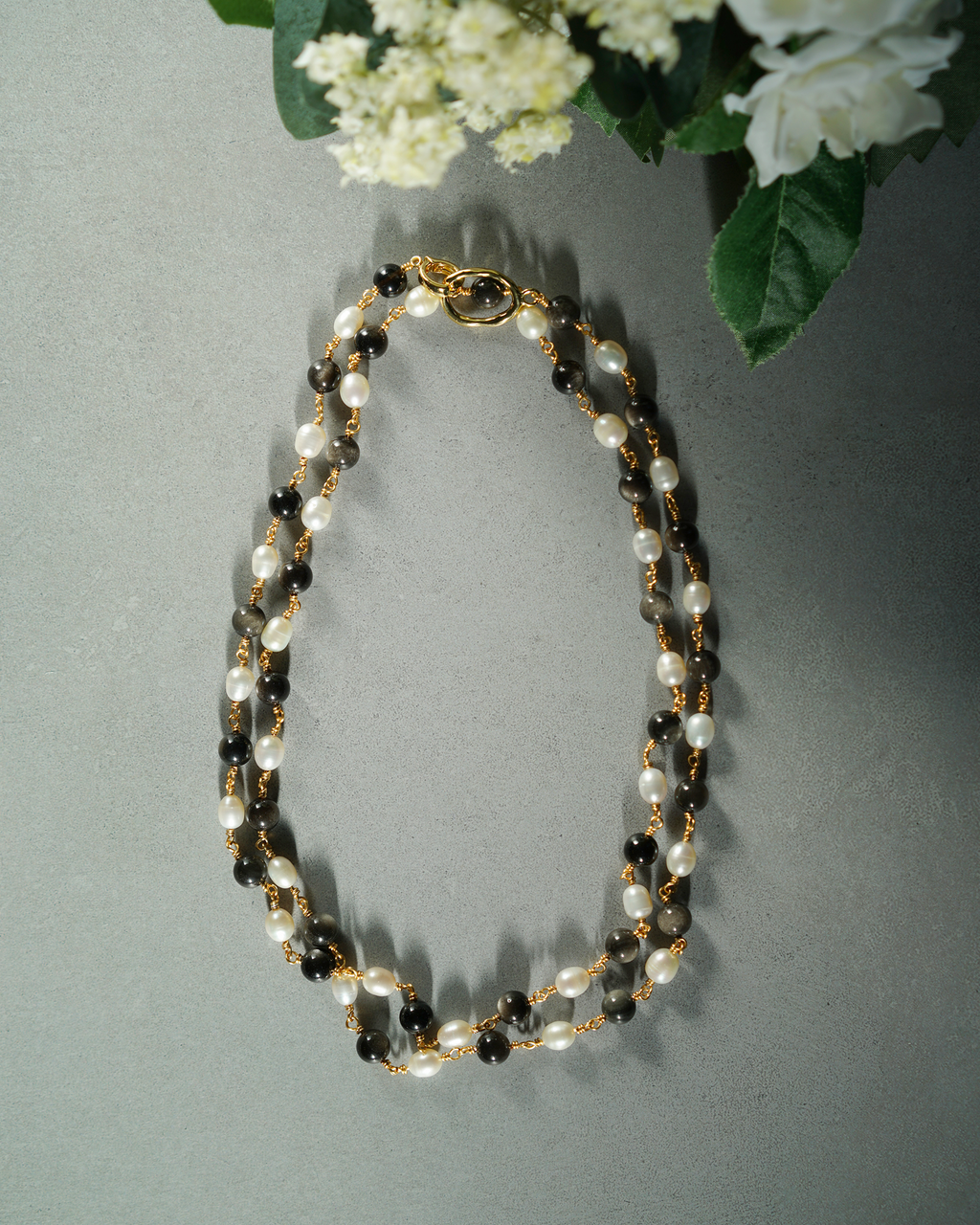 Quiet Contrast — Linked Obsidian & Pearl Necklace
