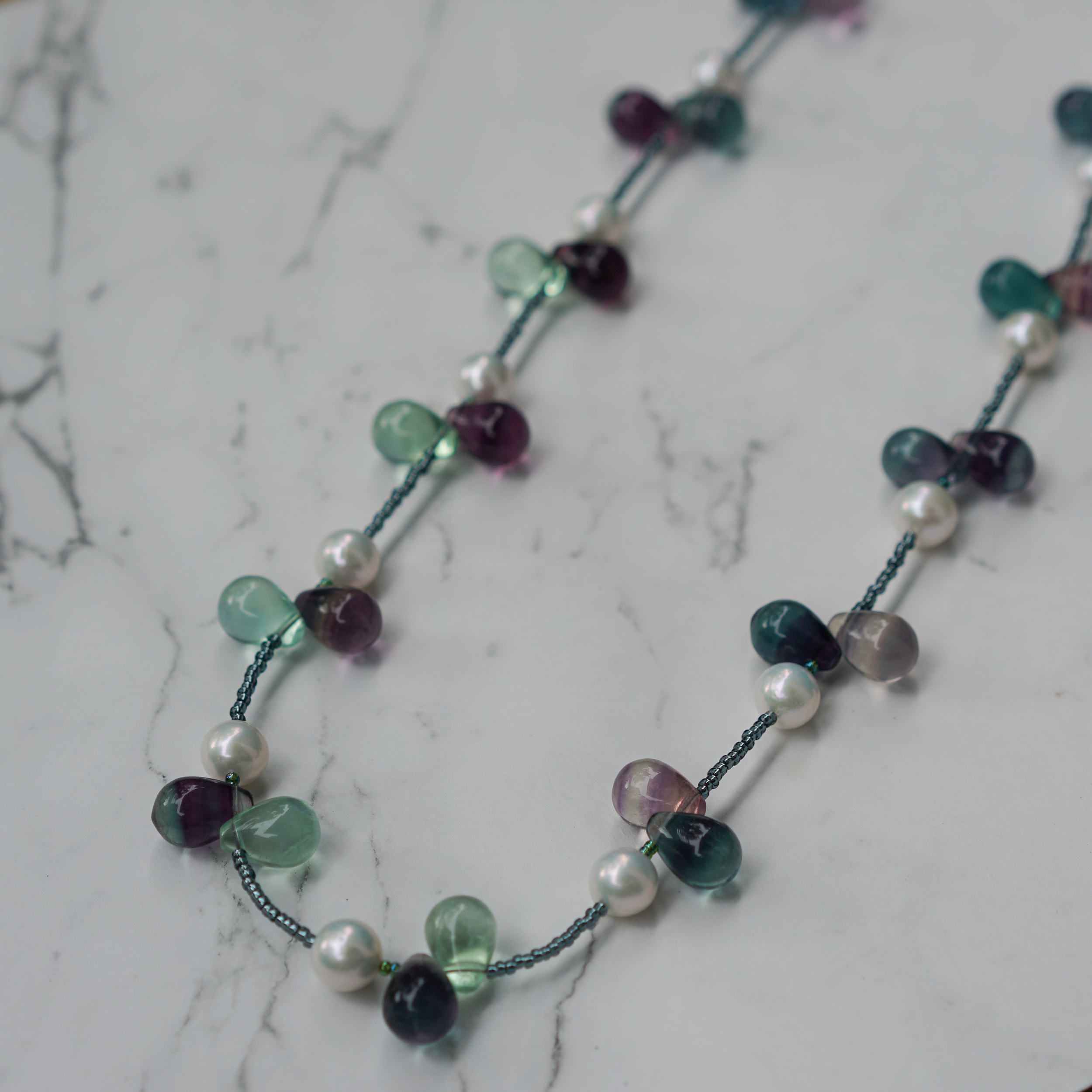 Falling Sheer — Edison Pearl & Fluorite Necklace