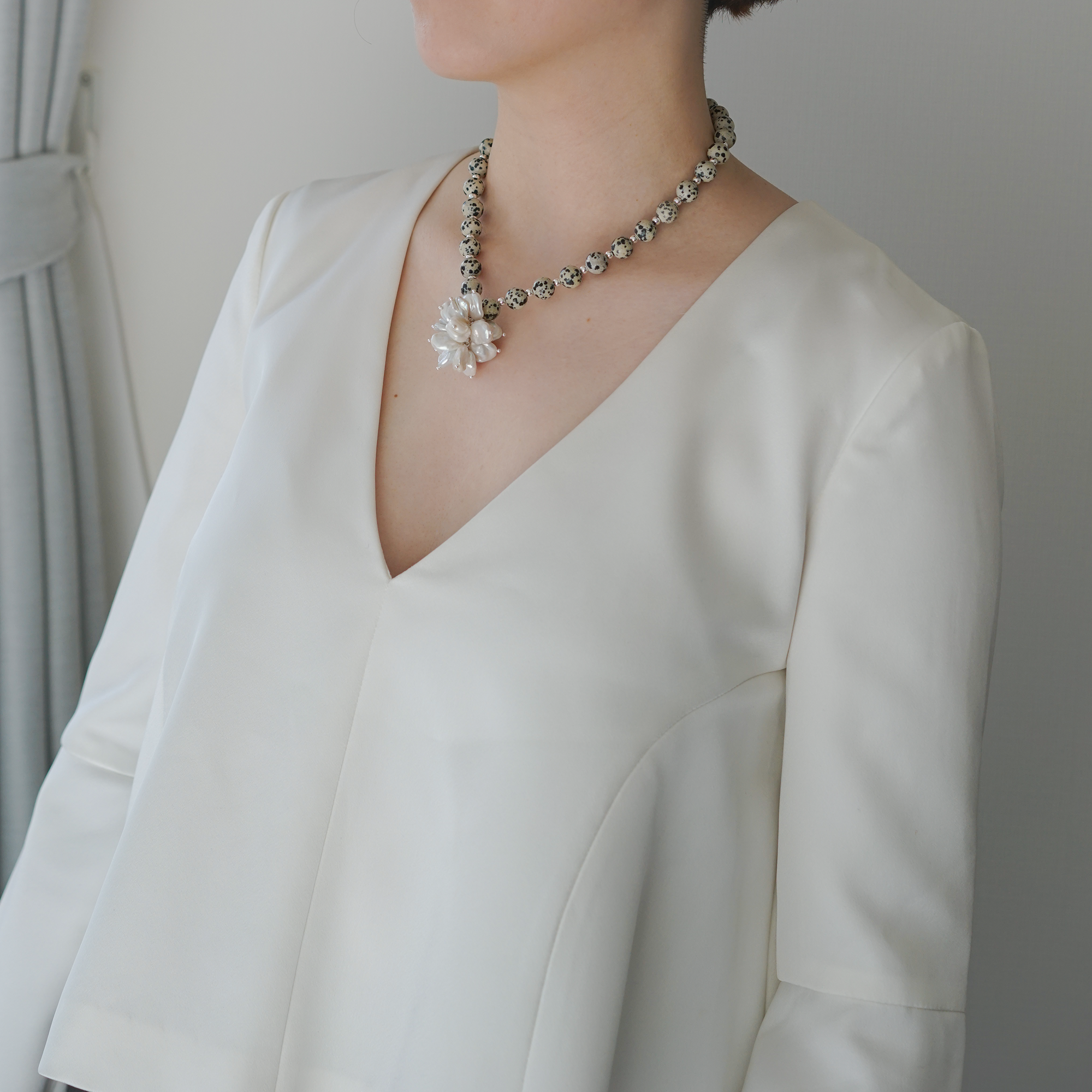 Freckle Flower — Dalmatian Jasper & Baroque Pearl Necklace