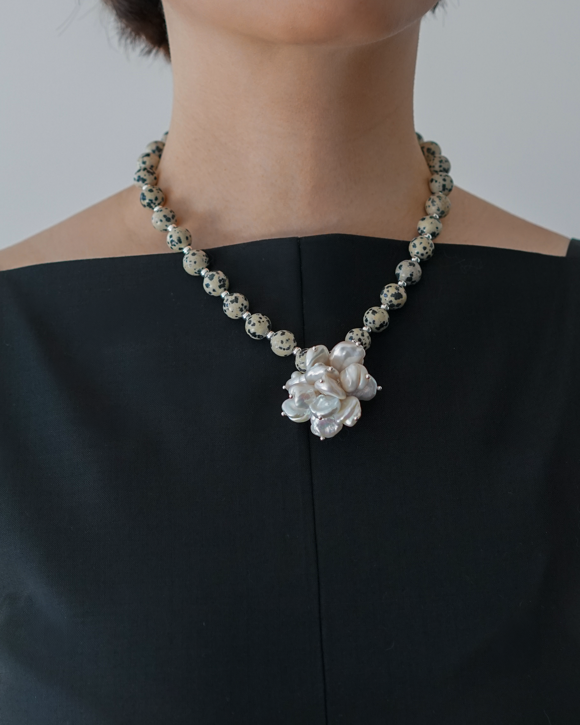 Freckle Flower — Dalmatian Jasper & Baroque Pearl Necklace