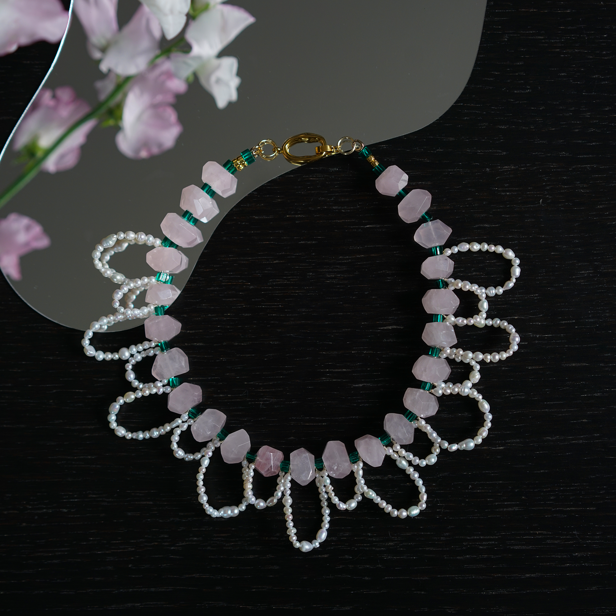 Loop Waltz — Rose Quartz & Baroque Pearls Necklace