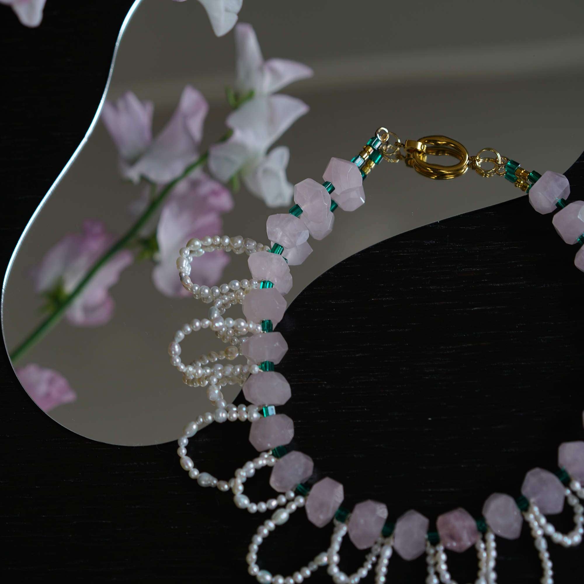 Loop Waltz — Rose Quartz & Baroque Pearls Necklace