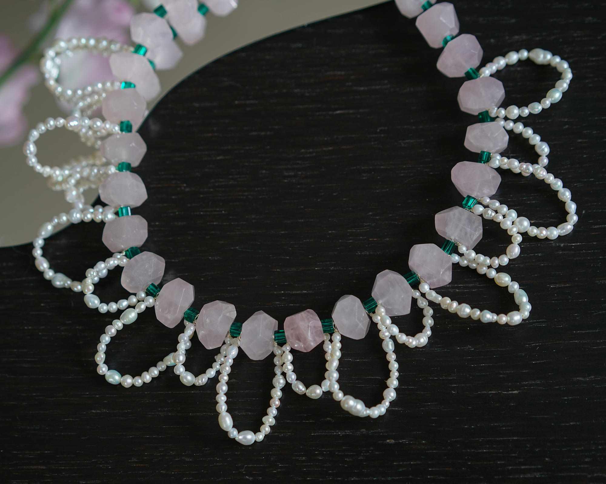Loop Waltz — Rose Quartz & Baroque Pearls Necklace