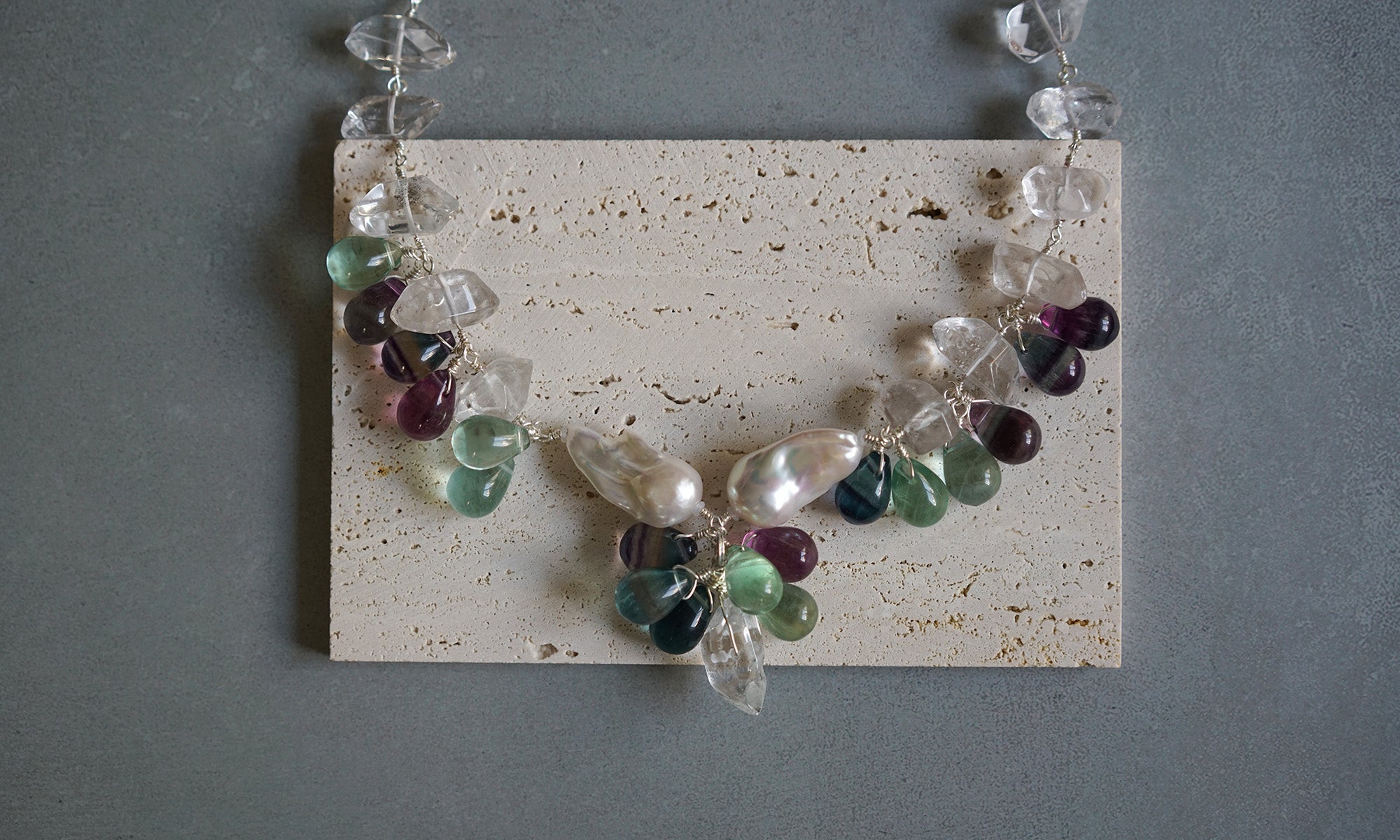 Aurora Drift — Linked Baroque Pearl & Fluorite Necklace