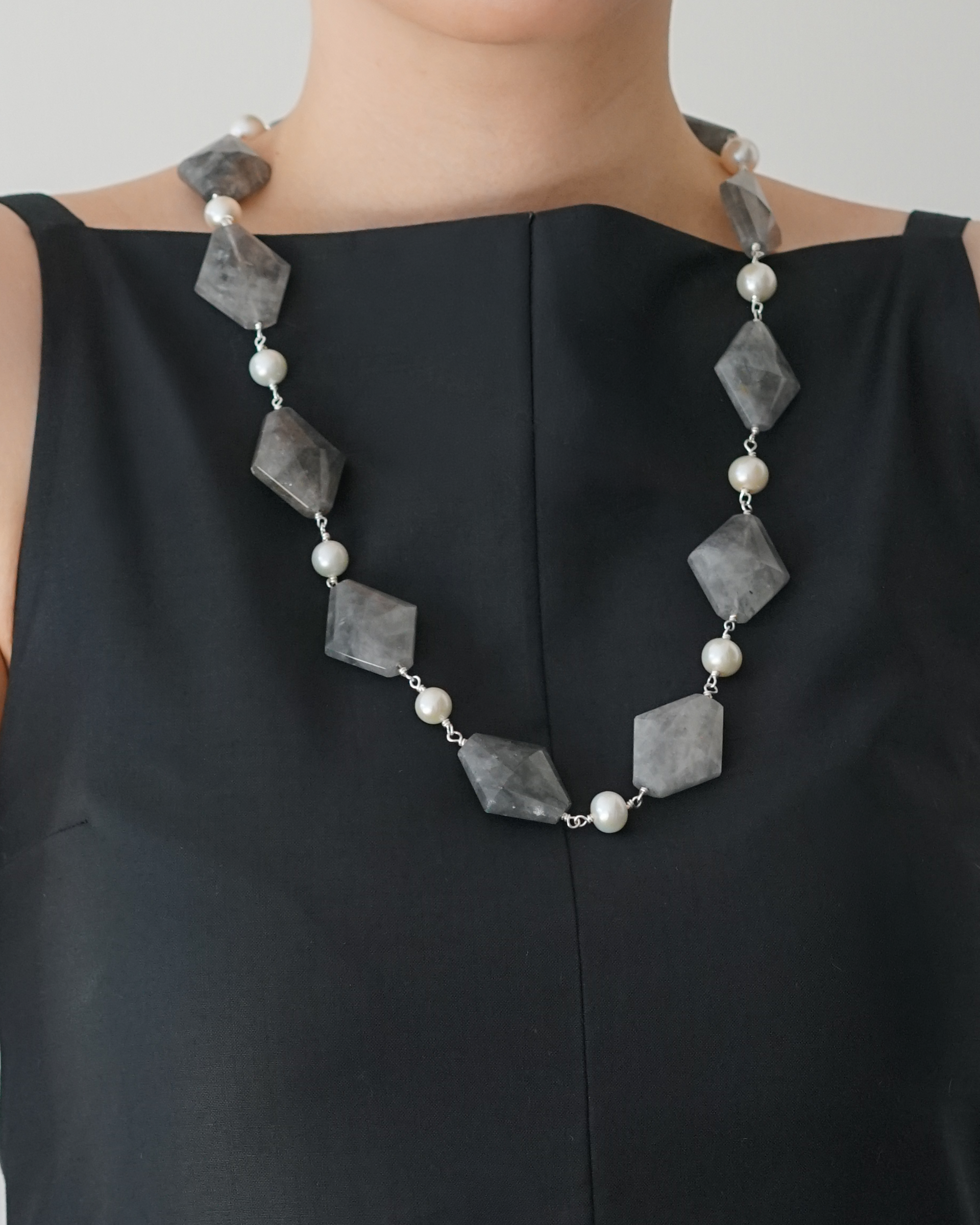 Mist Geometry — Linked Edison Pearl & Quartz Necklace