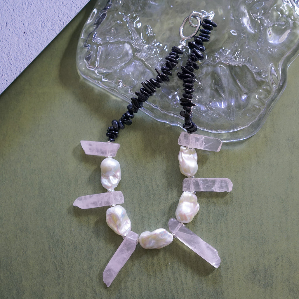 Moon Shards — Baroque Pearl & Rose Quartz Necklace