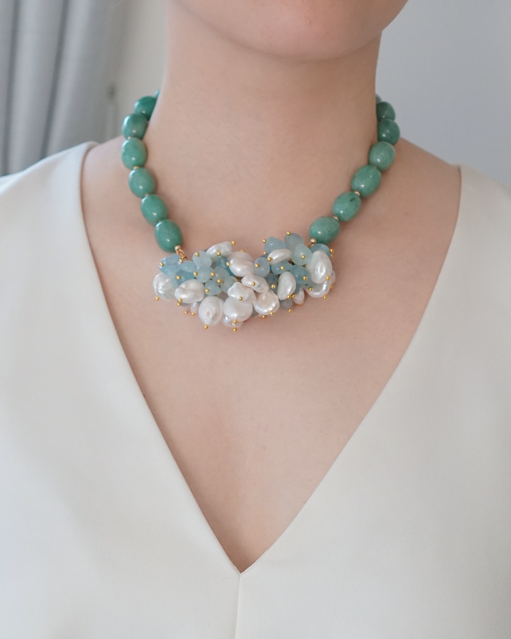 Morning Meadow — Aventurine, Aquamarine & Baroque Pearl Necklace