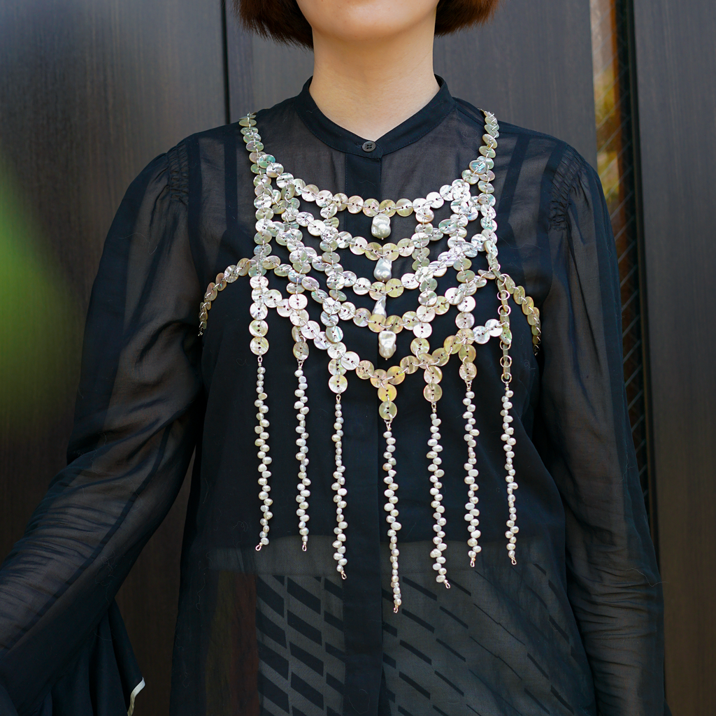 Shimmer Veil — Baroque Pearl & Shell Draped Harness